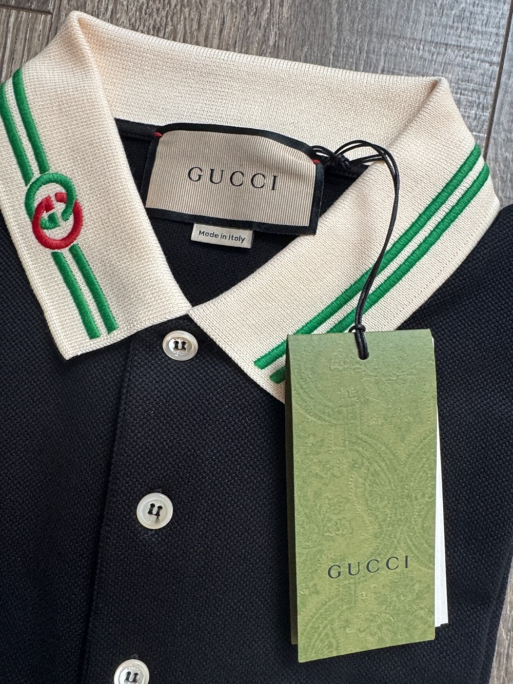 Gucci Black Polo with Cream Collar and Green Stripe Detail